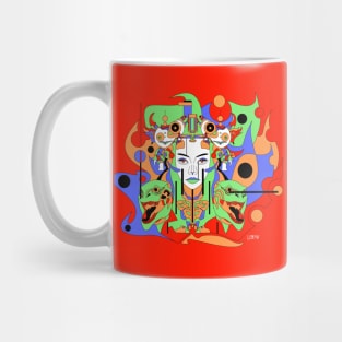 techno monster in woman mask in the robot warfare ecopop art Mug